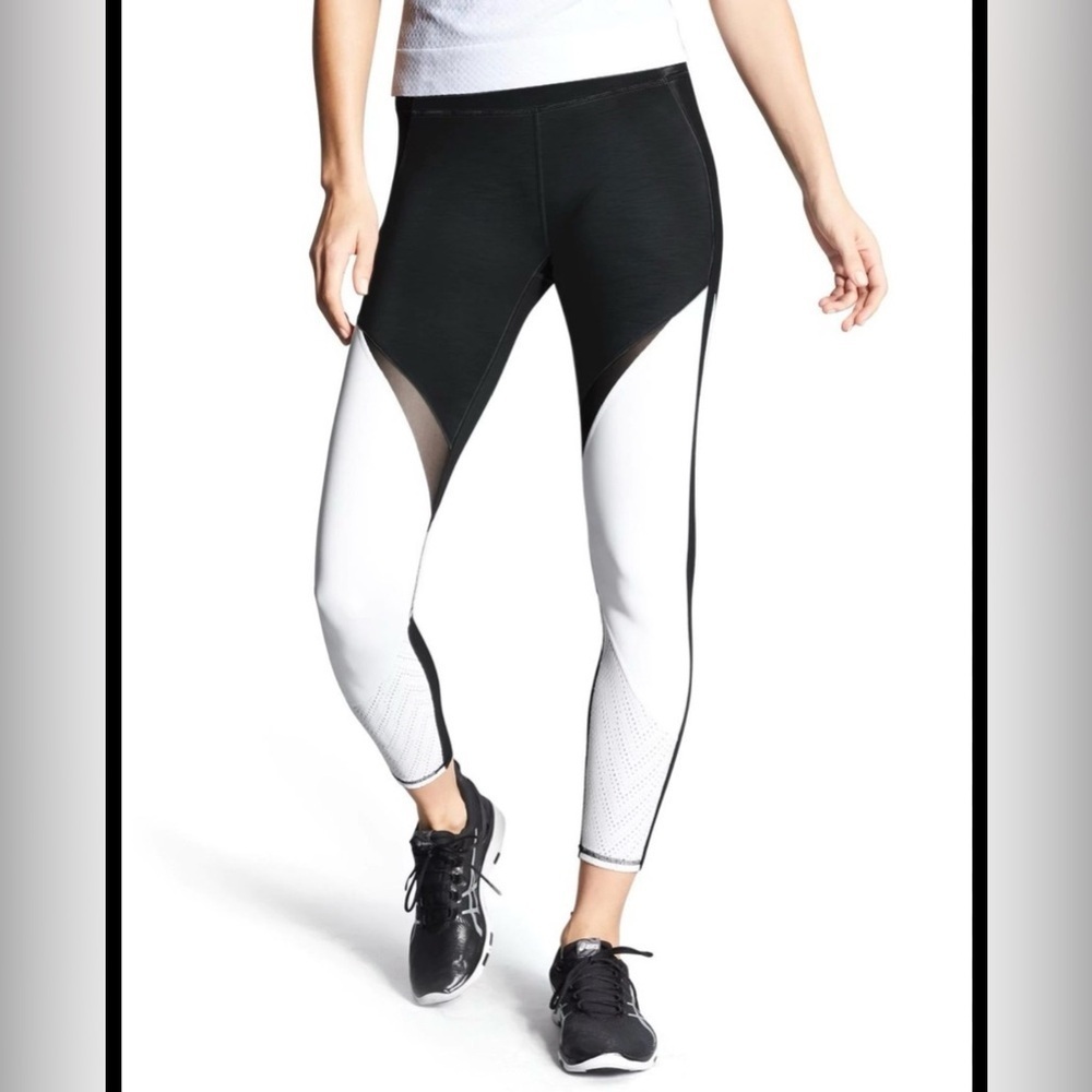 Athleta Precision Leggings High Rise Black White Mesh Compression Sz Small Tall